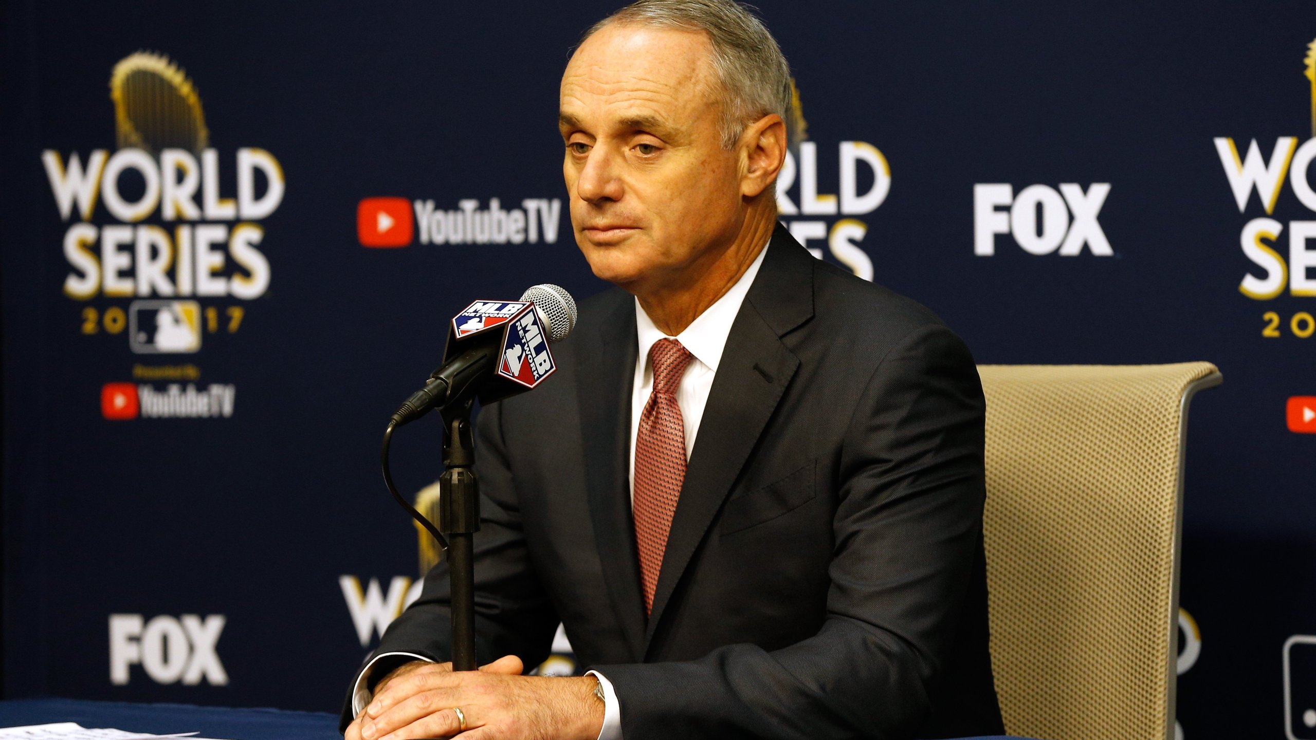 Major League Baseball Commissioner Robert D. Manfred Jr. speaks to the media during a press conference prior to game four of the 2017 World Series between the Houston Astros and the Los Angeles Dodgers at Minute Maid Park on October 28, 2017 in Houston. (Credit: Bob Levey/Getty Images)