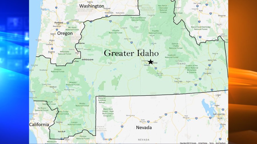 This map, courtesy of the group Greater Idaho, details the proposed boundary adjustment, adding counties from Oregon and California.