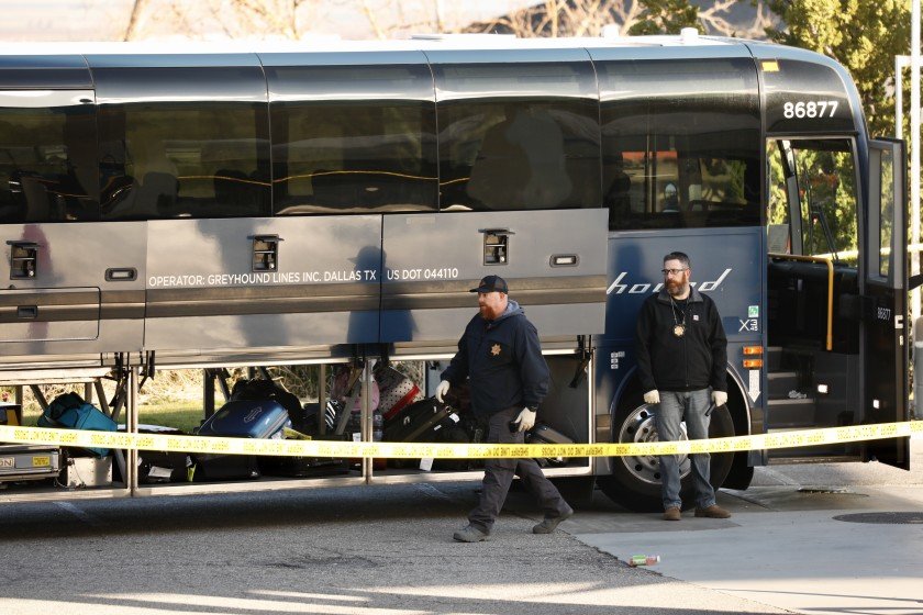 An investigation was underway in Lebec after one person was killed and five were shot aboard a Greyhound bus headed to the Bay Area on Feb. 3, 2020. (Credit: Al Seib / Los Angeles Times)