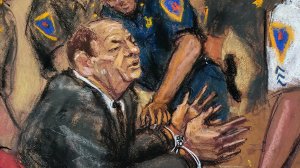 Harvey Weinstein is handcuffed in a Manhattan criminal courtroom following the guilty verdict in his sex assault case on Feb. 24, 2020. (Credit: Jane Rosenberg via CNN)