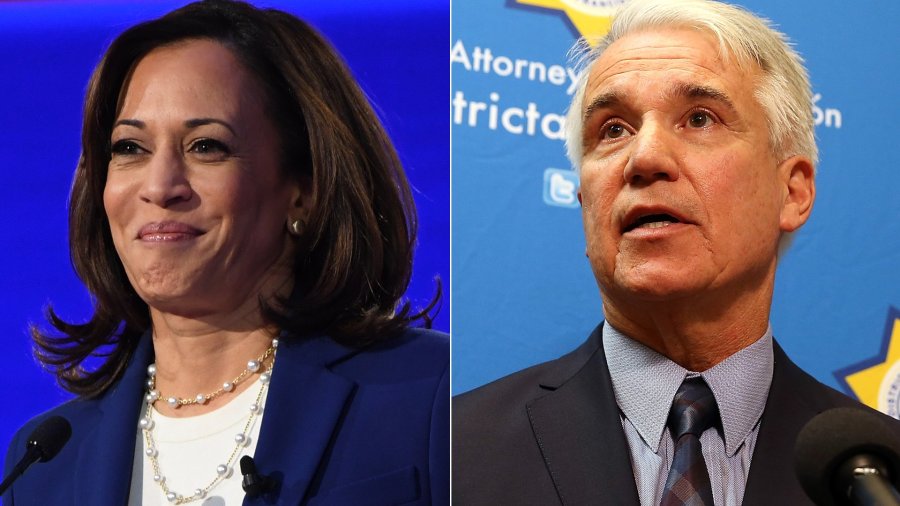 Kamala Harris, left, appears in a Democratic primary debate in Ohio on Oct. 15, 2019. George Gascon, right, speaks during a new conference on Dec. 9, 2014 in San Francisco. (SAUL LOEB / AFP via Getty Images; Justin Sullivan/Getty Images)