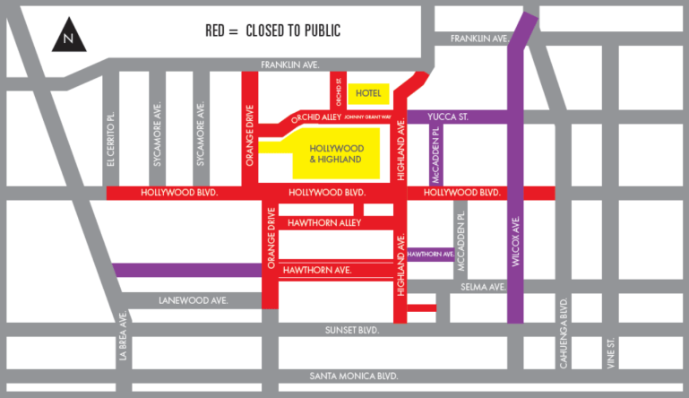 The Academy Awards released this map of street closures near the Dolby Theatre in Hollywood effective on Feb. 9 and 10, 2020.