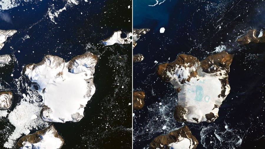 Before-and-after satellite images from NASA show how much ice melted on Antarctica's Eagle Island over a nine-day heat wave in February 2020.