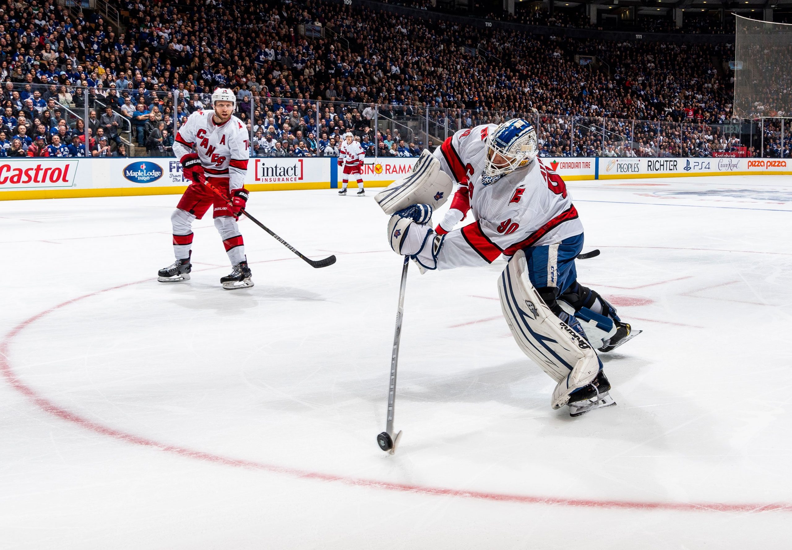 Dave Ayres of the Carolina Hurricanes plays the puck against the Toronto Maple Leafs during the second period at the Scotiabank Arena on Feb. 22, 2020 in Toronto, Ontario, Canada. (Credit: Kevin Sousa/NHLI via Getty Images)