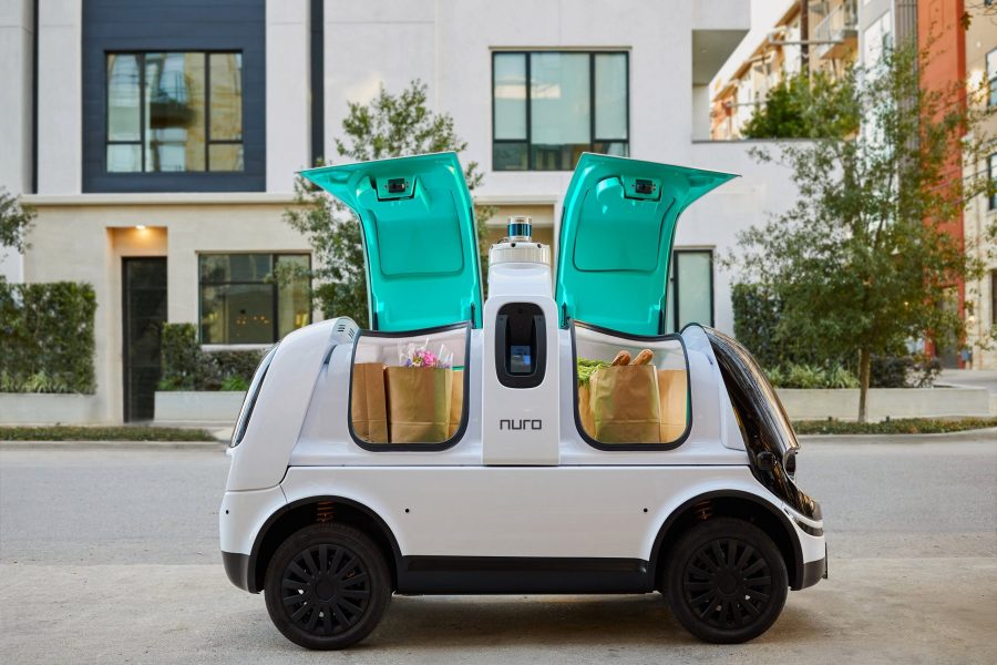 Nuro's R2 self-driving vehicle, which will begin delivering pizza and groceries in Houston, is seen in an undated photo. (Credit: Nuro via CNN)