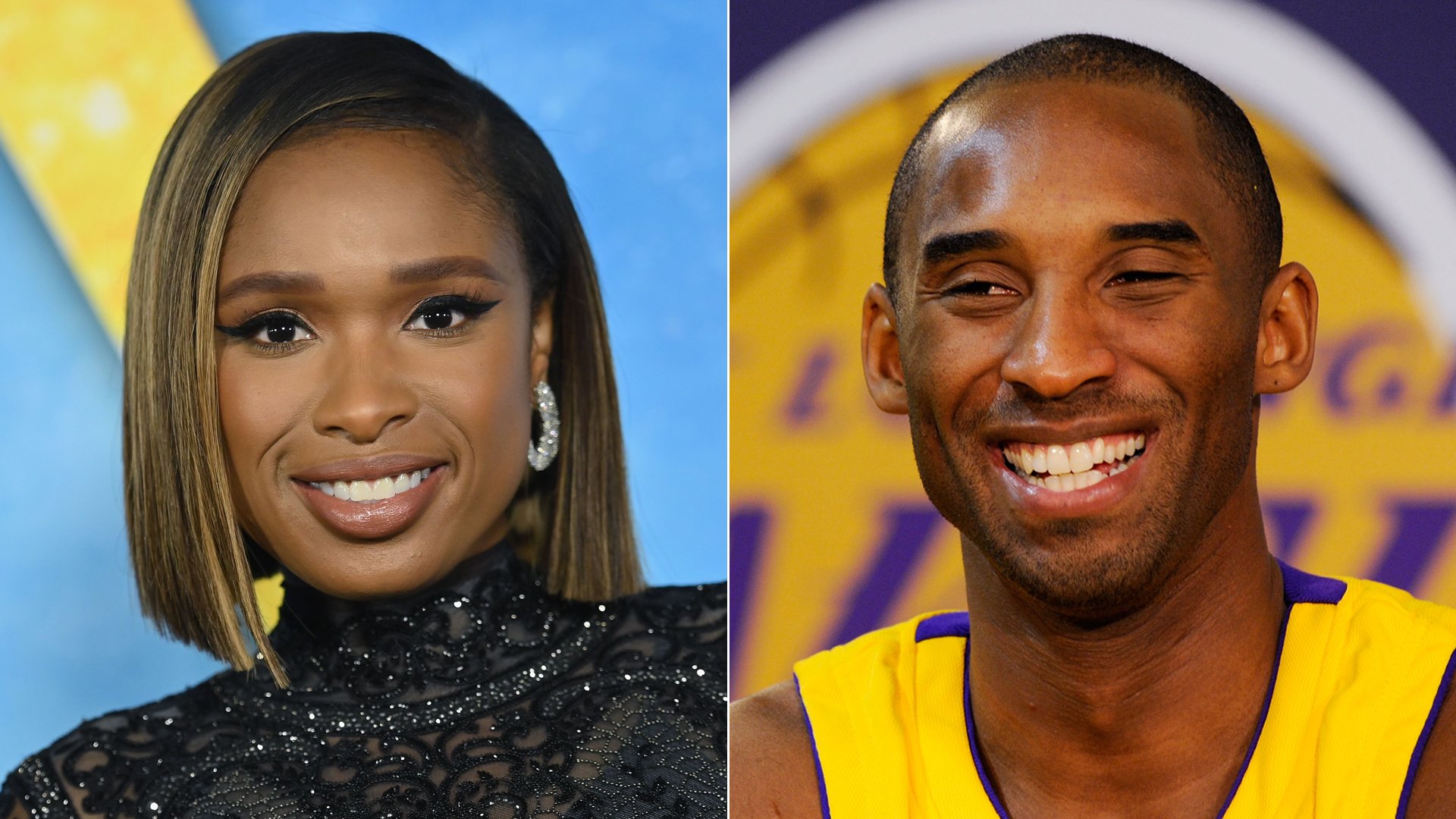 Singer Jennifer Hudson, left, arrives for the premiere of "Cats" in New York City on Dec. 16, 2019. At right, Kobe Bryant smiles during Lakers media day in El Segundo on Sept. 29, 2009. (Credit: Angela Weiss / Kevork Djansezian / AFP / Getty Images)