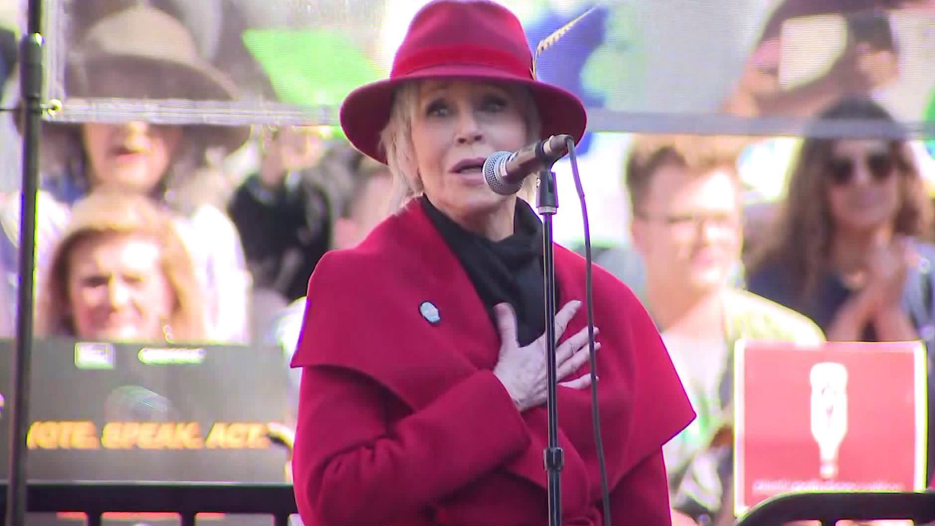 Jane Fonda speaks during a climate protest in Los Angeles on Feb. 7, 2020. (Credit: KTLA)