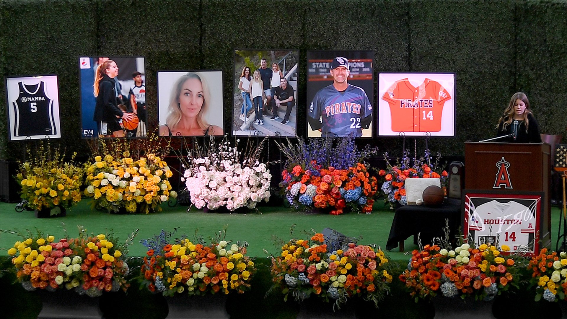 Sammy Forbath, best friend of Alyssa Altobelli, speaks at a memorial service honoring baseball coach John Altobelli, his wife, Keri, and their daughter Alyssa at Angel Stadium on Feb. 10, 2020. (Credit: Jayne Kamin-Oncea / Getty Images)