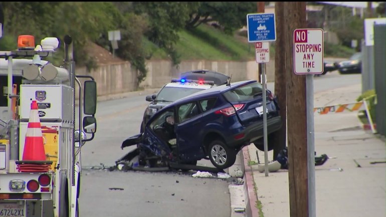 A two-vehicle crash in Monterey Park on Feb. 9, 2020, left one person dead and another injured, officials said. (Credit: KTLA)