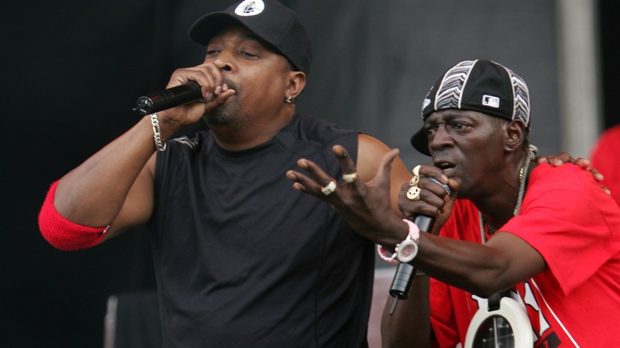 Chuck D and Flava flav of the group Public Enemy performs on stage at the "Rock The Bells" tour on Randall's Island on July 28, 2007, in New York City. (Bryan Bedder/Getty Images)