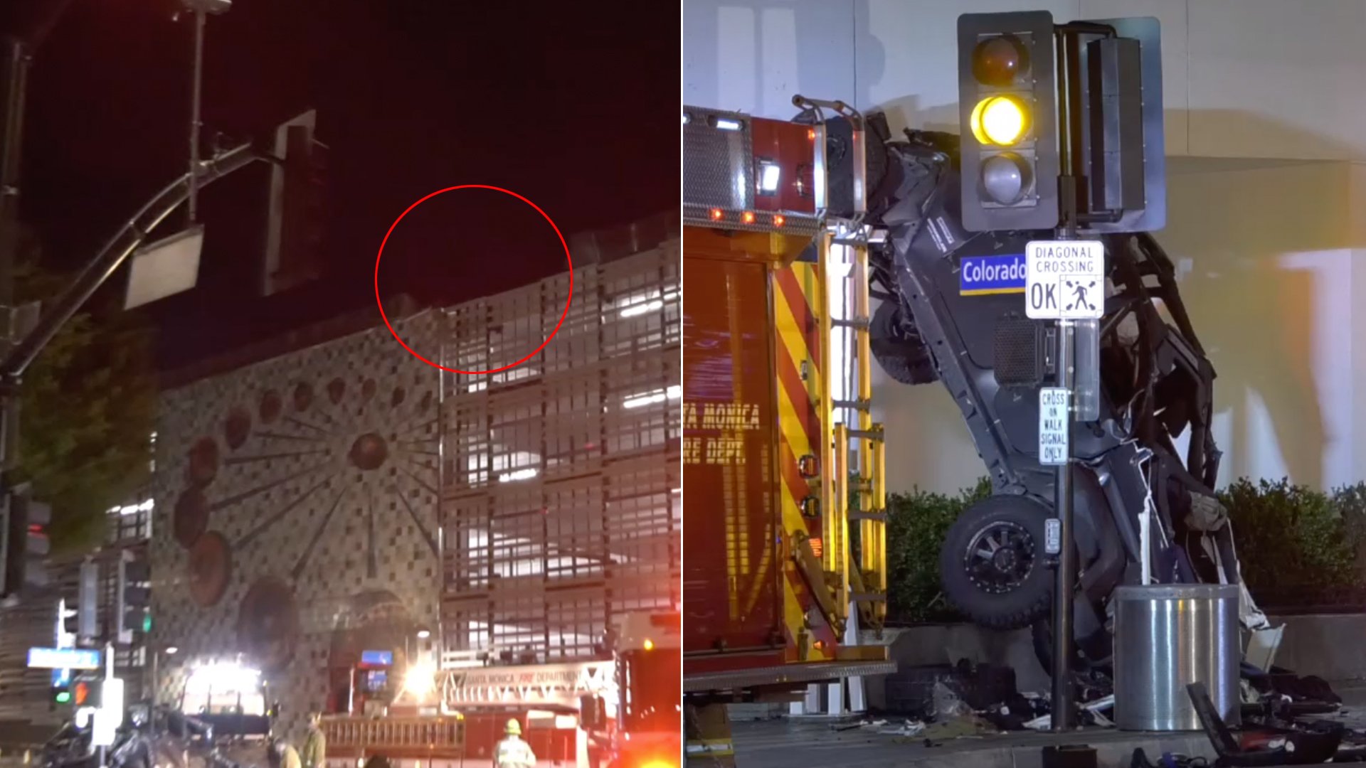 A Jeep landed against a building after plunging off a six-story parking structure across the street on Feb. 23, 2020. (Credit: Loudlabs)