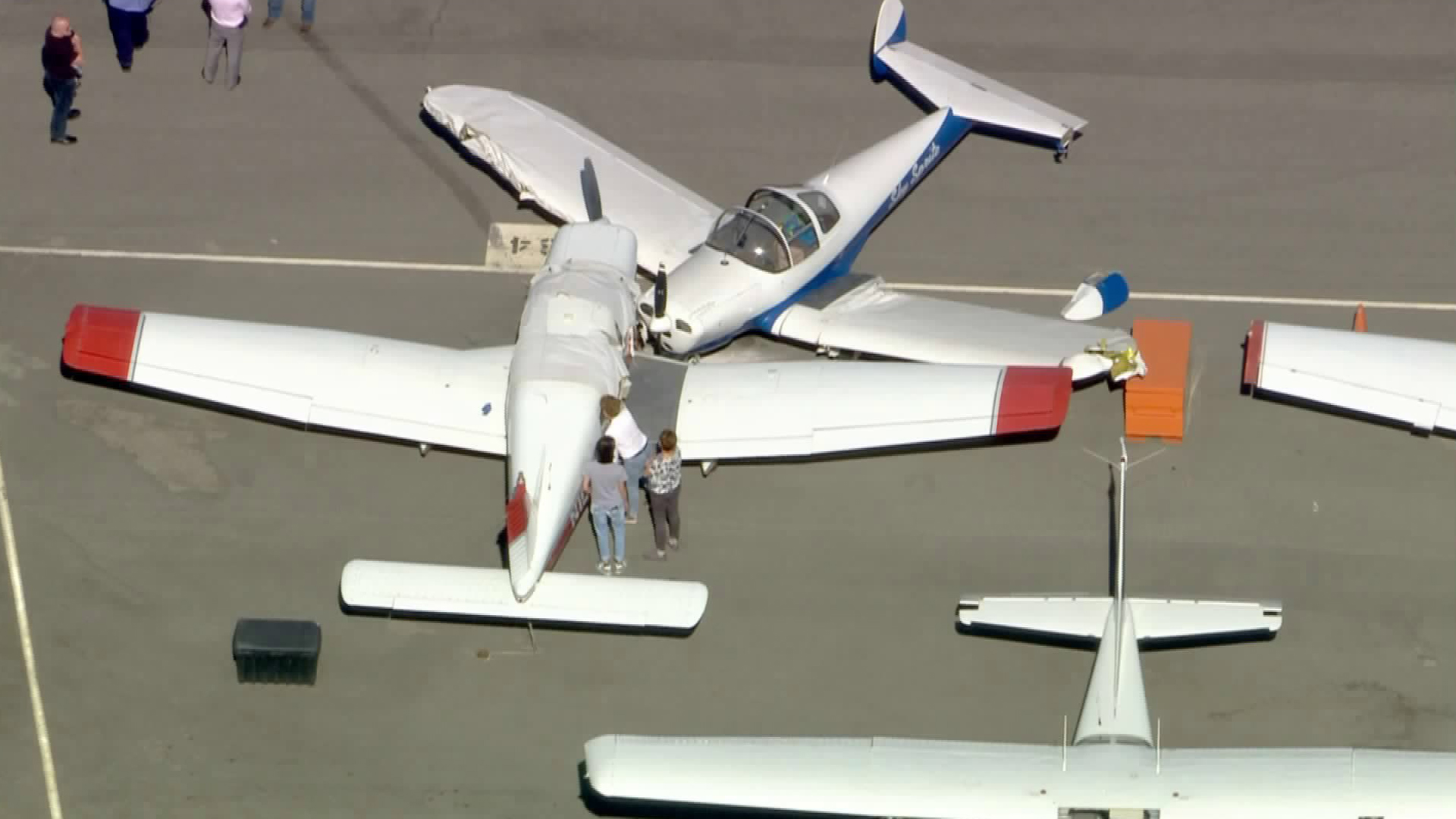 Two planes were damaged after some sort of mishap at the Torrance Airport on Feb. 25, 2020. (KTLA)