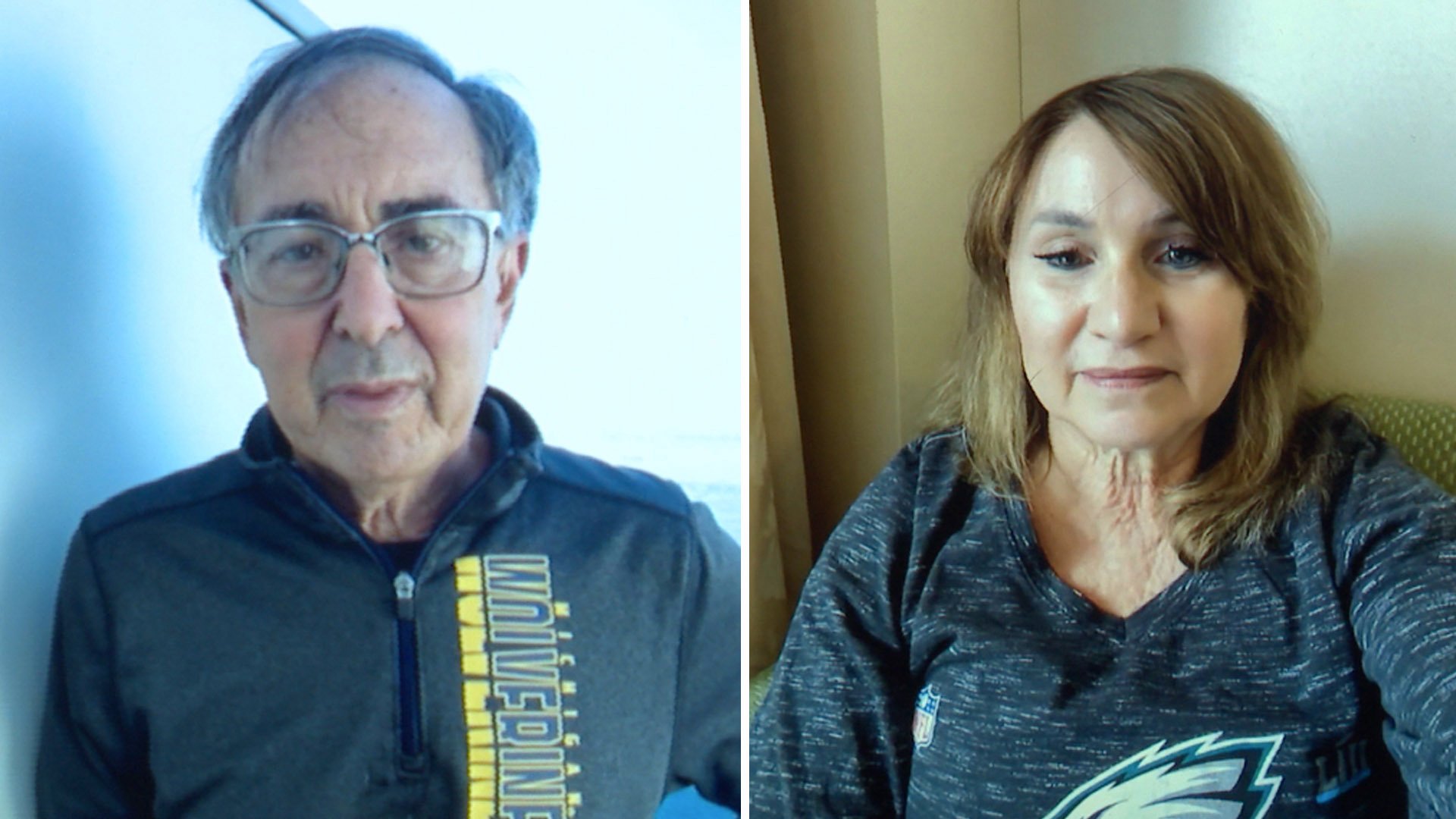 Carl Goldman and Jeri Seratti-Goldman are seen aboard the Diamond Princess cruise ship during a video chat on Feb. 7, 2020.