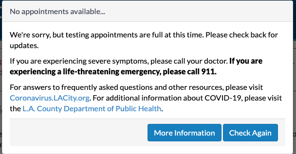 The L.A. city coronavirus testing site indicated March 27, 2020, that no appointments were available.