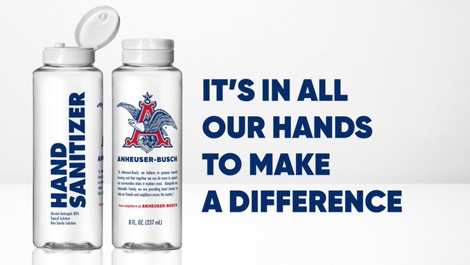 Hand sanitizer being made and distributed by Anheuser Busch is shown in a promotional photo provided by the company on March 25, 2020.