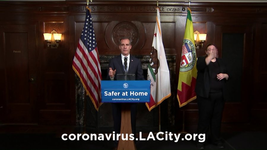 Mayor Eric Garcetti speaks at a news conference on March 25, 2020.