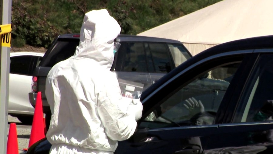 A drive-thru coronavirus testing site is seen outside Dodger Stadium on March 27, 2020. (KTLA)