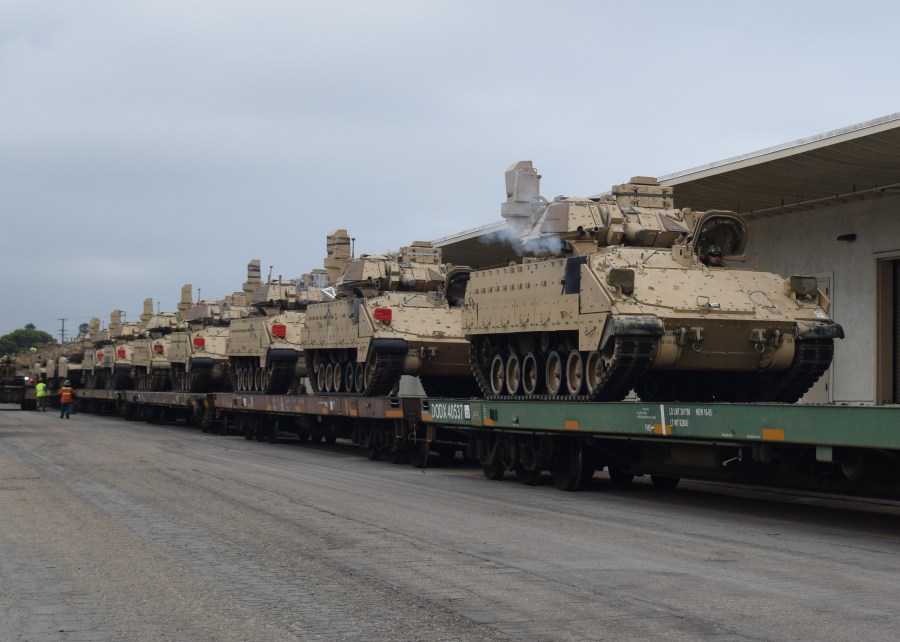 A photo shared by Naval Base Ventura County shows tanks being hauled on a train on March 24, 2020.