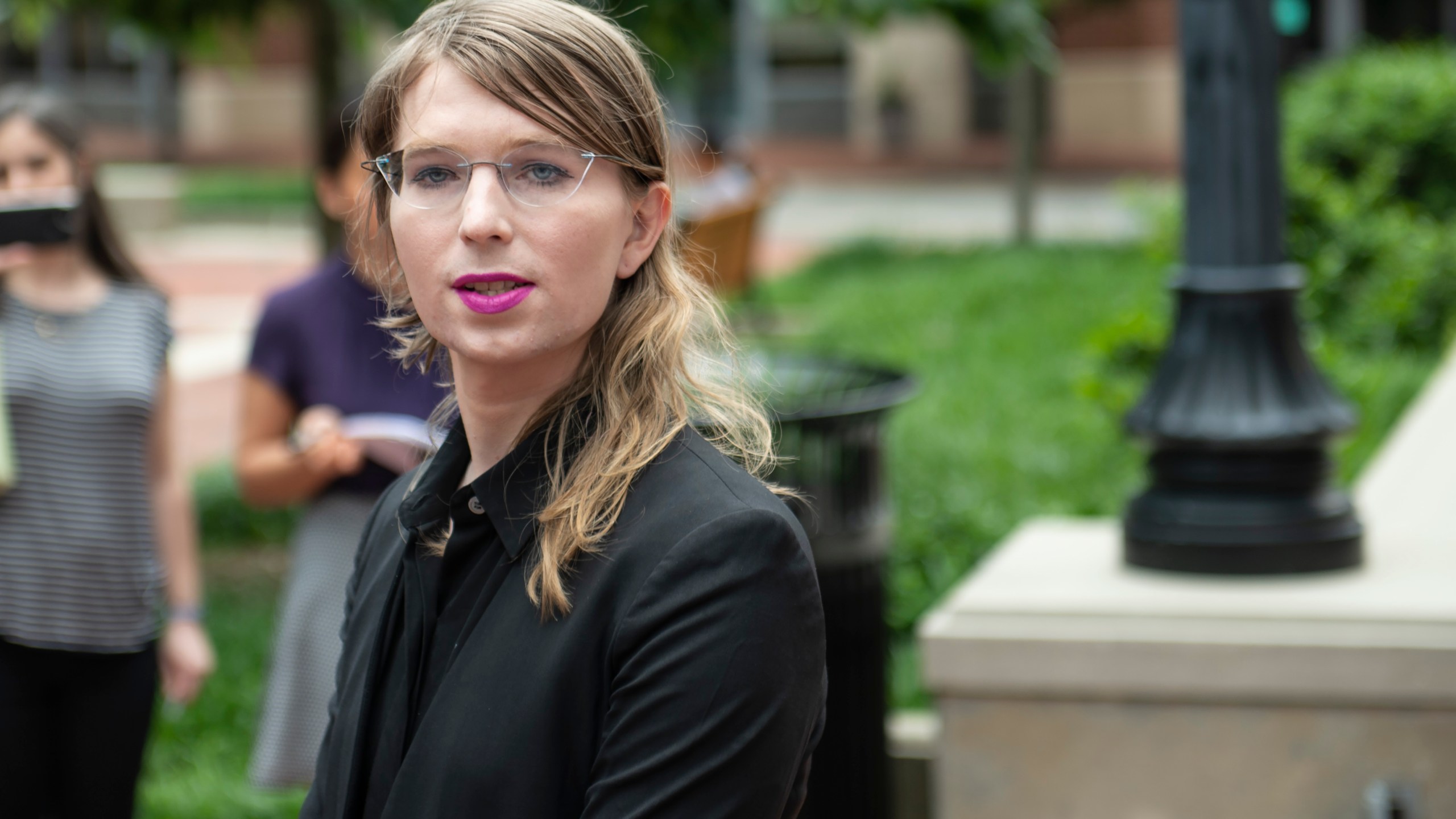 Former military intelligence analyst Chelsea Manning speaks to press ahead of a grand jury appearance about WikiLeaks in Alexandria, Virginia, on May 16, 2019. (Credit: Eric Baradat / AFP / Getty Images)