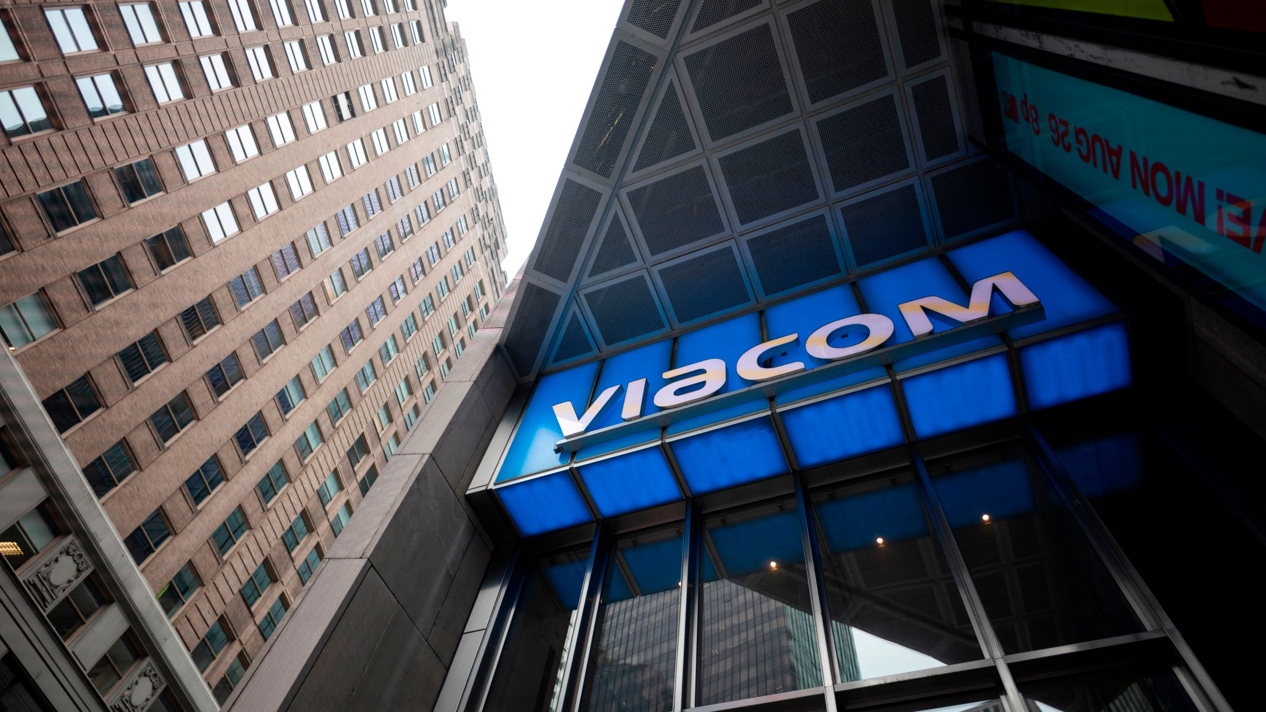 The Viacom logo is seen outside company headquarters in New York City on August 13, 2019. (JOHANNES EISELE/AFP via Getty Images)