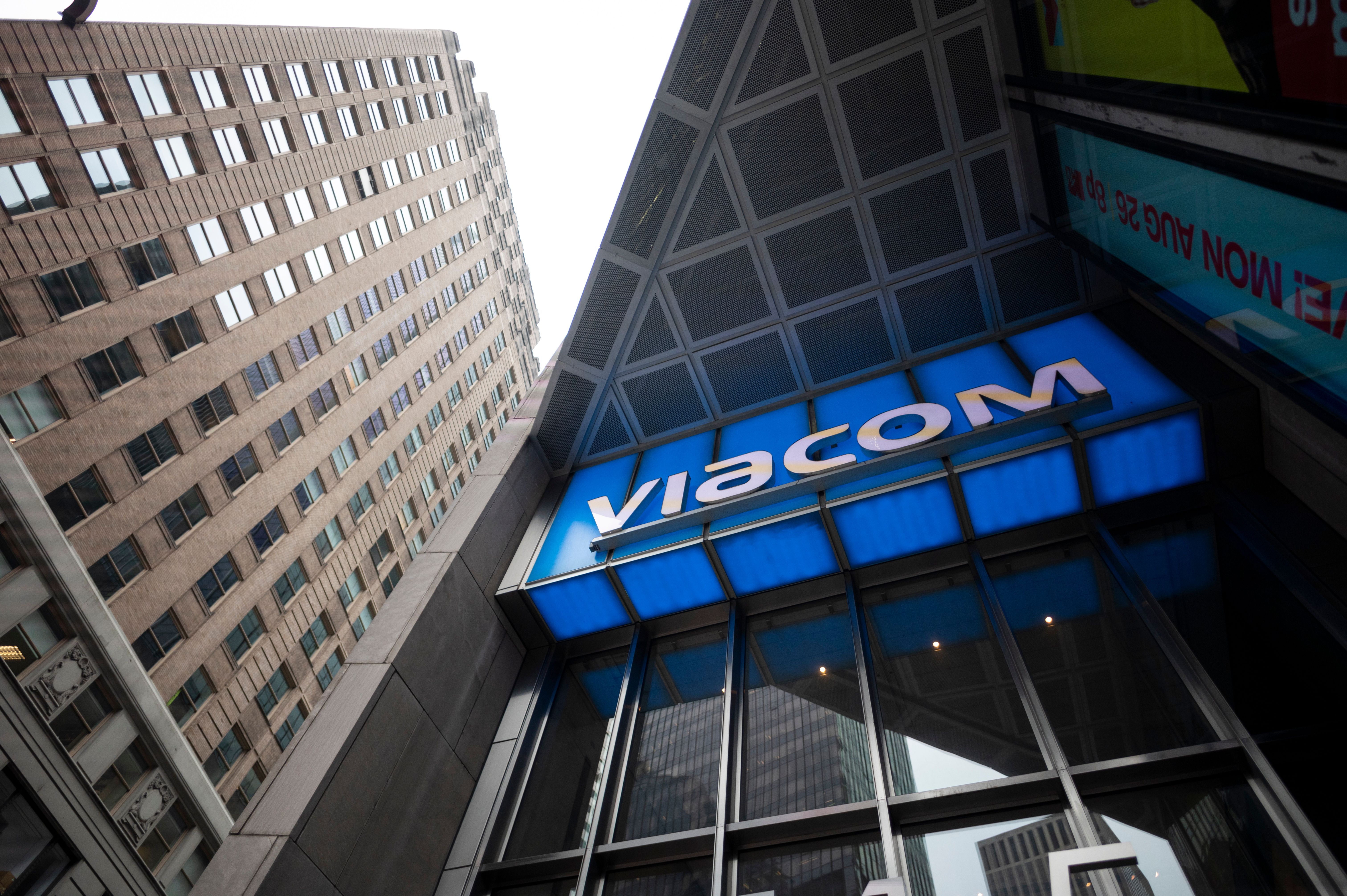 The Viacom logo is seen outside company headquarters in New York City on August 13, 2019. (JOHANNES EISELE/AFP via Getty Images)