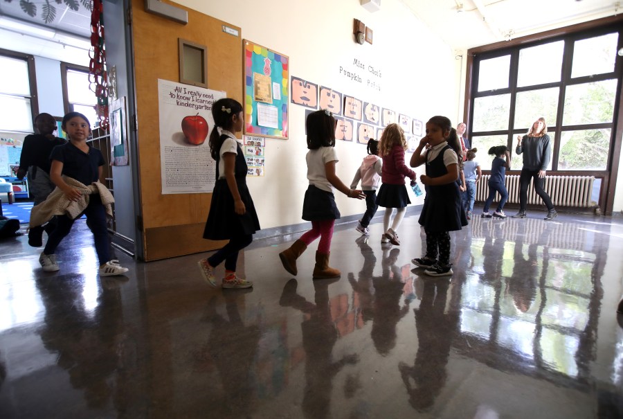 Rosa Parks Elementary School students in San Francisco walk through the campus during an earthquake drill on Oct. 17, 2019. (Justin Sullivan/Getty Images)