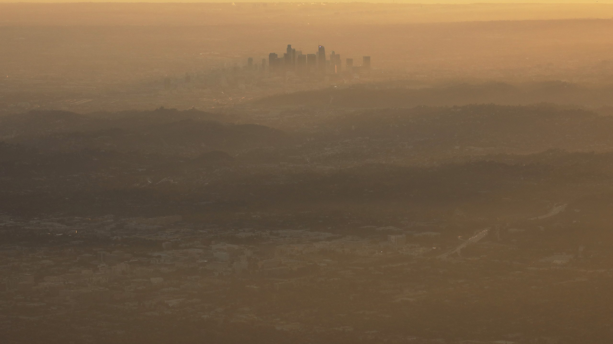 The buildings of downtown Los Angeles are partially obscured in the late afternoon on Nov. 5, 2019 as seen from Pasadena. (Mario Tama/Getty Images)