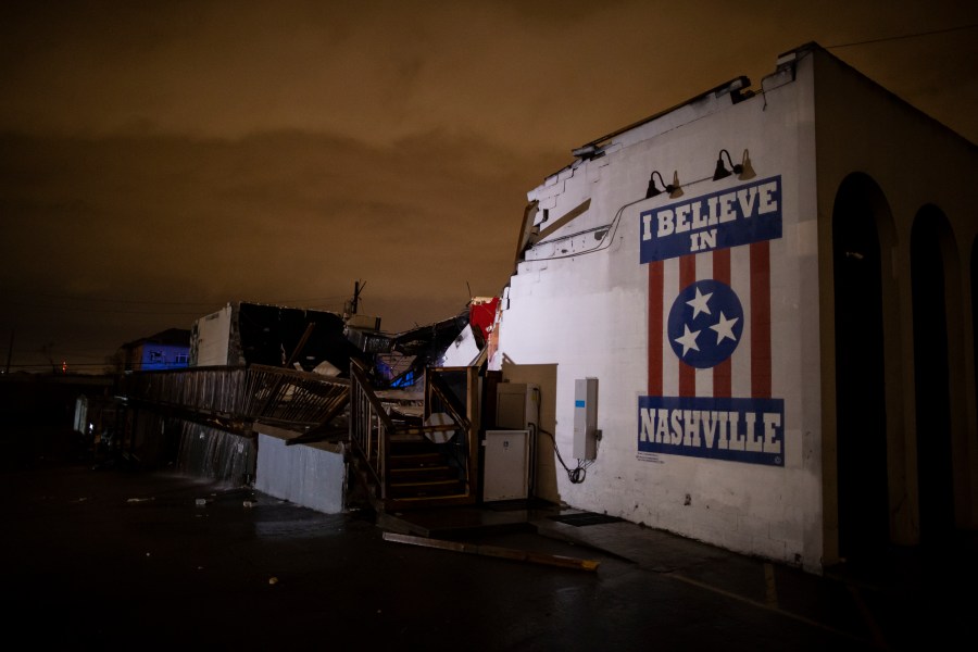 A mural that reads "I believe in Nashville" was heavily heavily damaged in a tornado on March 3, 2020 in Nashville, Tennessee. (Brett Carlsen/Getty Images)