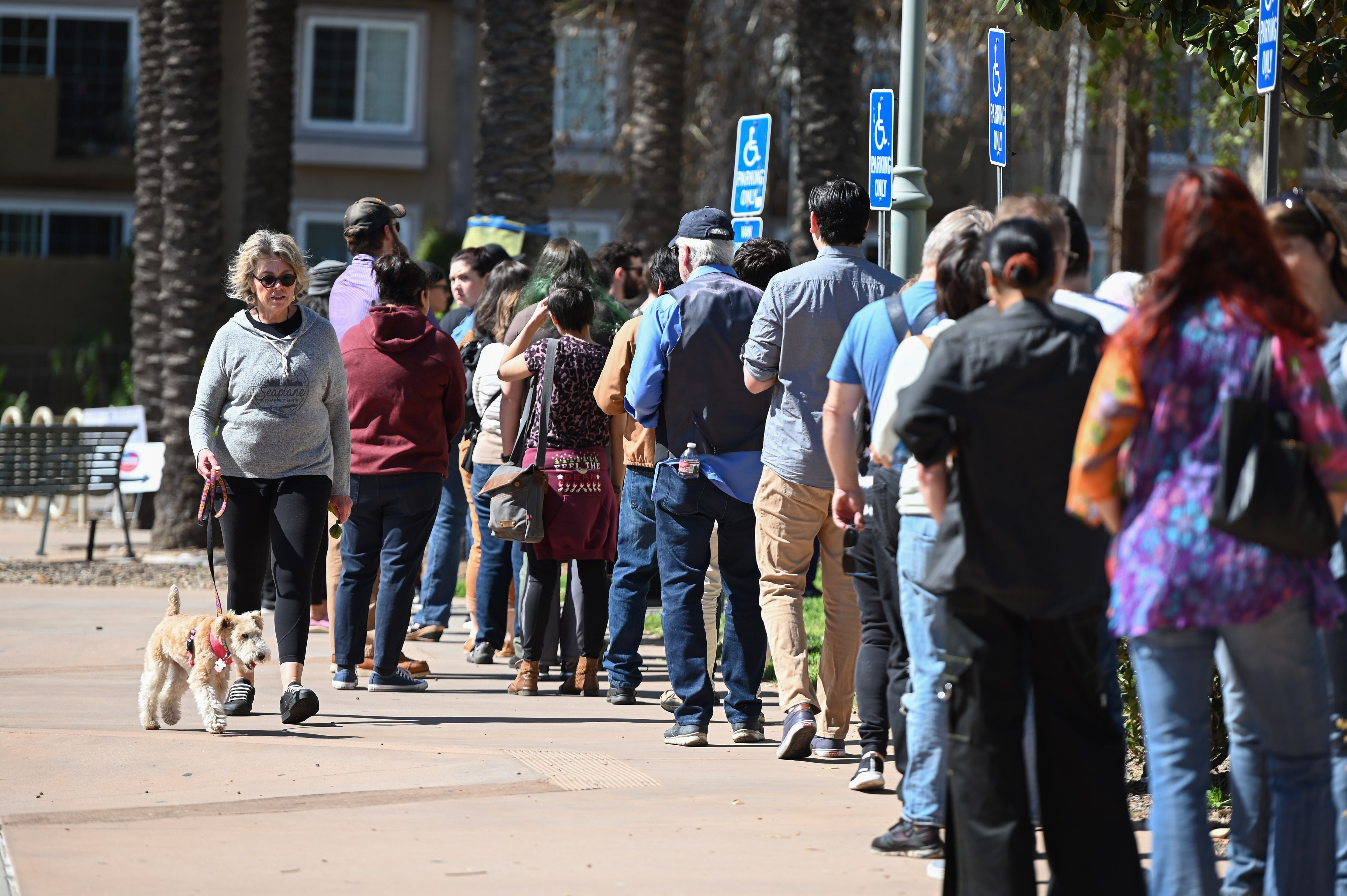 A woman walks her dog past a long line of voters waiting to cast their ballot in the presidential primary at the Buena Vista Branch Library in Burbank on March 3, 2020. (ROBYN BECK/AFP via Getty Images)