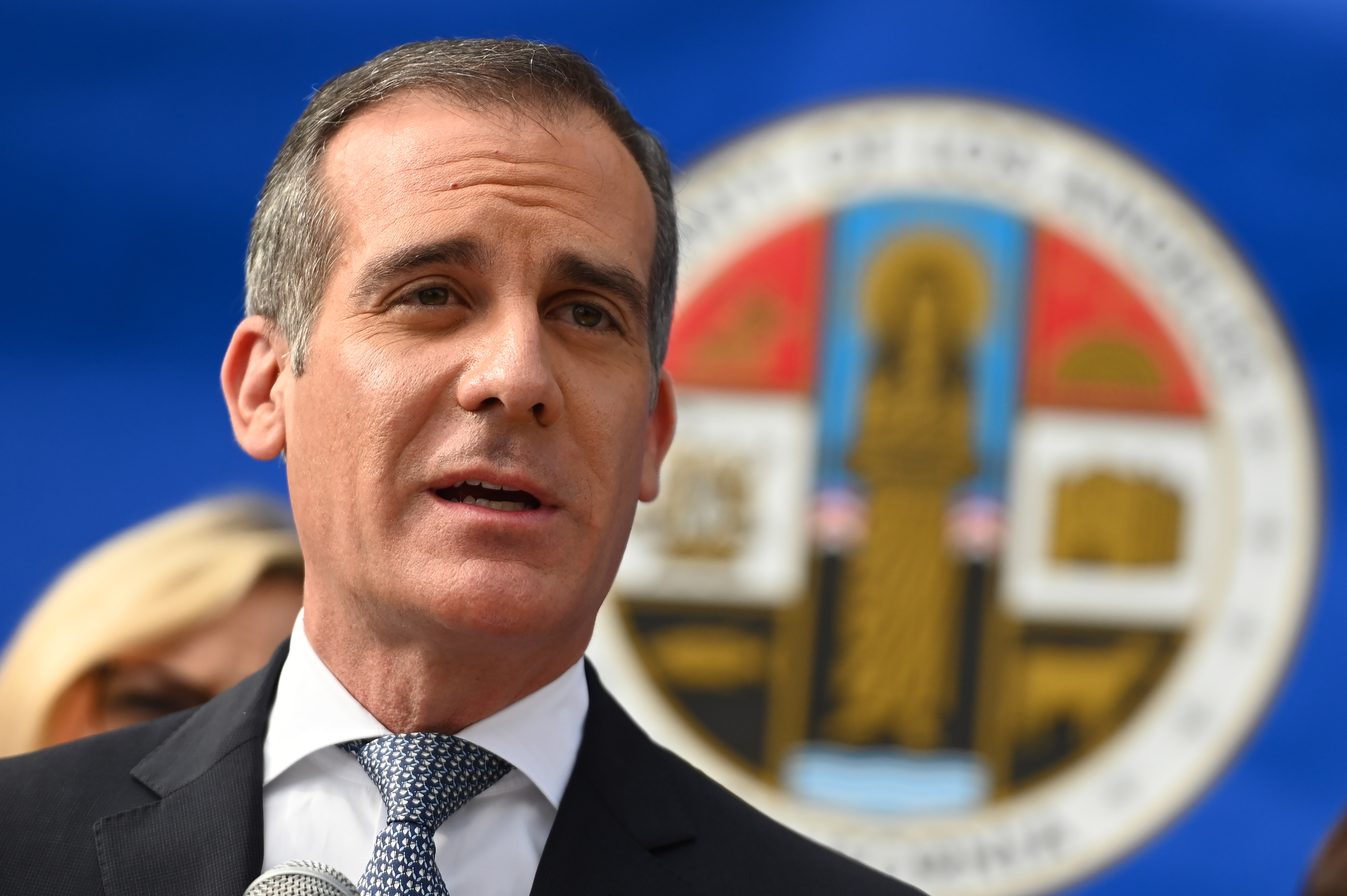 Mayor Eric Garcetti speaks at a L.A. County Health Department press conference on the novel coronavirus on March 4, 2020, in Los Angeles. (ROBYN BECK/AFP via Getty Images)