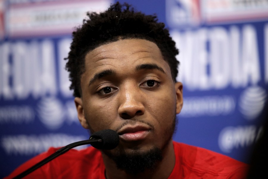 Donovan Mitchell of the Utah Jazz speaks to the media during 2020 NBA All-Star - Practice & Media Day at Wintrust Arena on February 15, 2020 in Chicago, Illinois. (Jonathan Daniel/Getty Images)