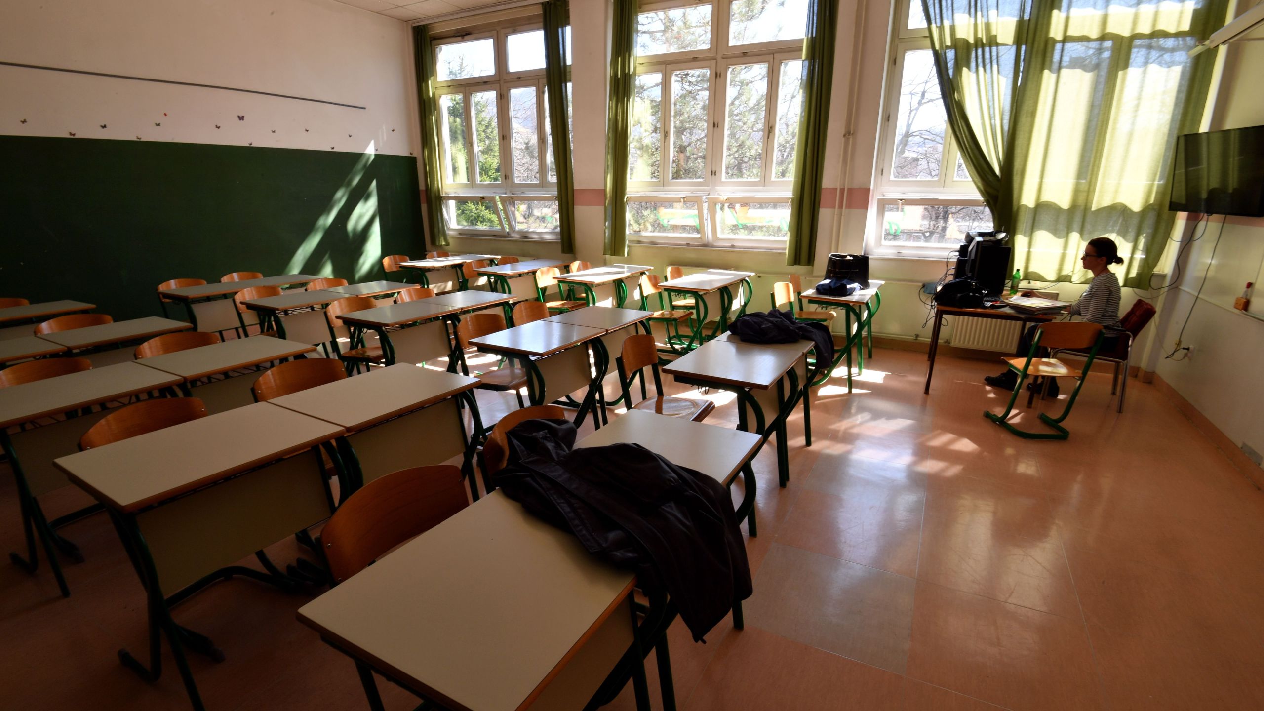 A picture shows an empty classroom in an elementary school in Sarajevo, on March 13, 2020, on the morning after an official suspension of school classes as a measure to fight the spread of COVID-19( Elvis Barukcic/AFP via Getty Images)