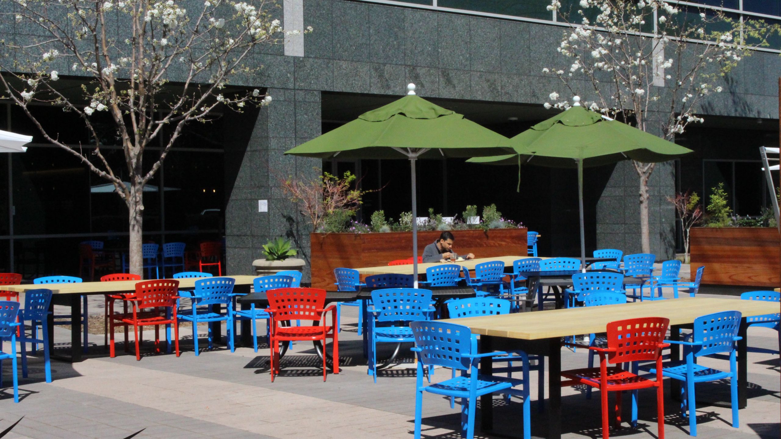 A Google employee eats alone in the sun at lunch time on March 12, 2020, at the company's main campus in the Silicon Valley city of Mountain View, Calif. (GLENN CHAPMAN/AFP via Getty Images)