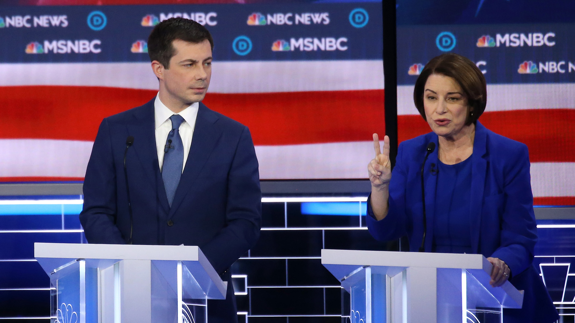 Pete Buttigieg and Amy Klobuchar participate in the Democratic presidential primary debate at Paris Las Vegas on Feb. 19, 2020 in Las Vegas, Nevada.(Credit: Mario Tama/Getty Images)