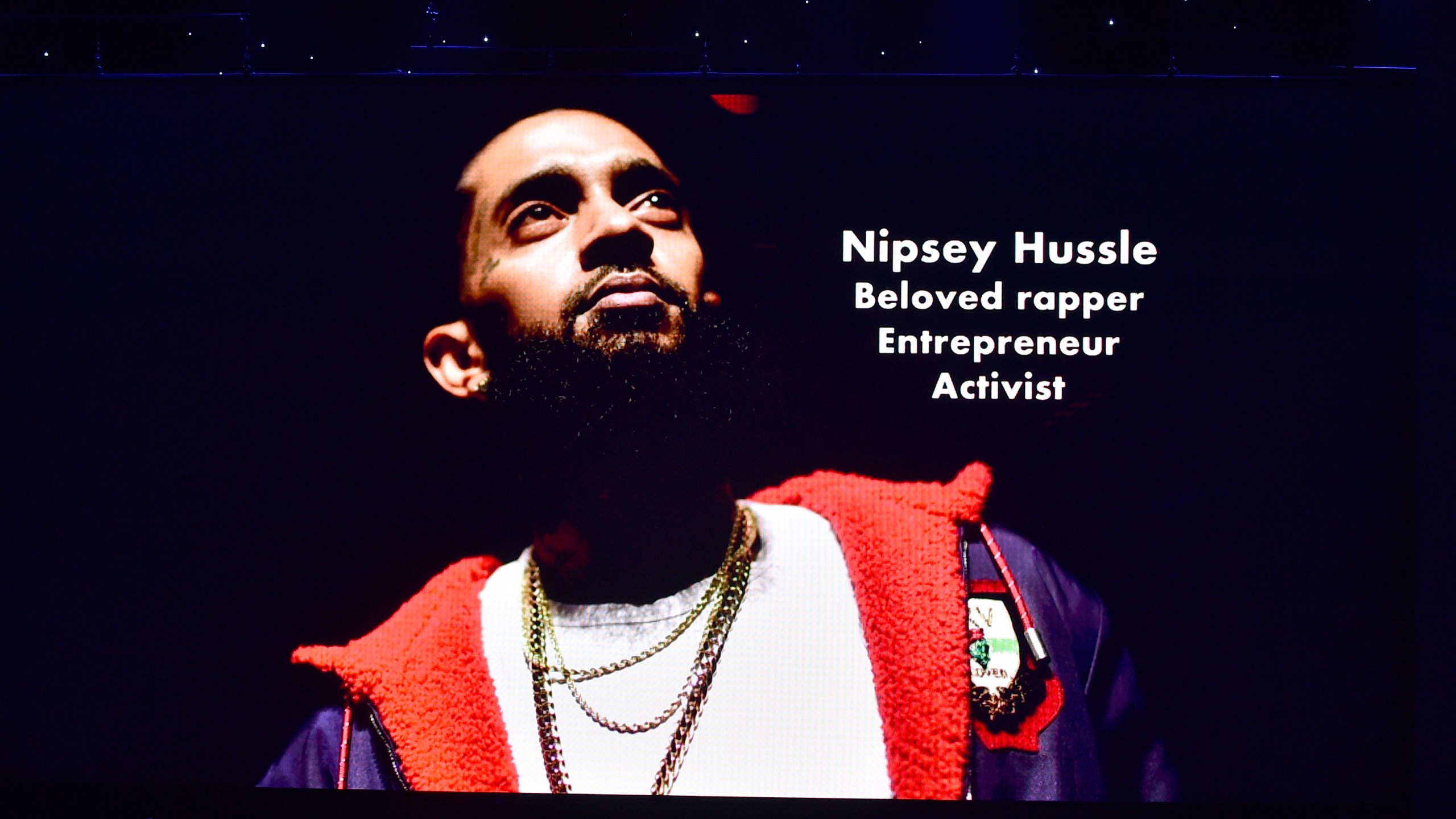 Nipsey Hussle is honored during the in memoriam onstage during the 51st NAACP Image Awards, presented by BET, at Pasadena Civic Auditorium on Feb. 22, 2020. (Aaron J. Thornton/Getty Images for BET)