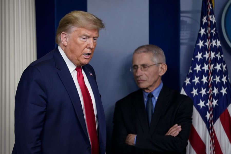 U.S. President Donald Trump and National Institute of Allergy and Infectious Diseases Director Anthony Fauci arrive for a briefing on the coronavirus pandemic in the press briefing room of the White House on March 26, 2020 in Washington, DC. The U.S. House of Representatives is scheduled to vote Friday on the $2 trillion stimulus package to combat the effects of the COVID-19 pandemic. (Photo by Drew Angerer/Getty Images)