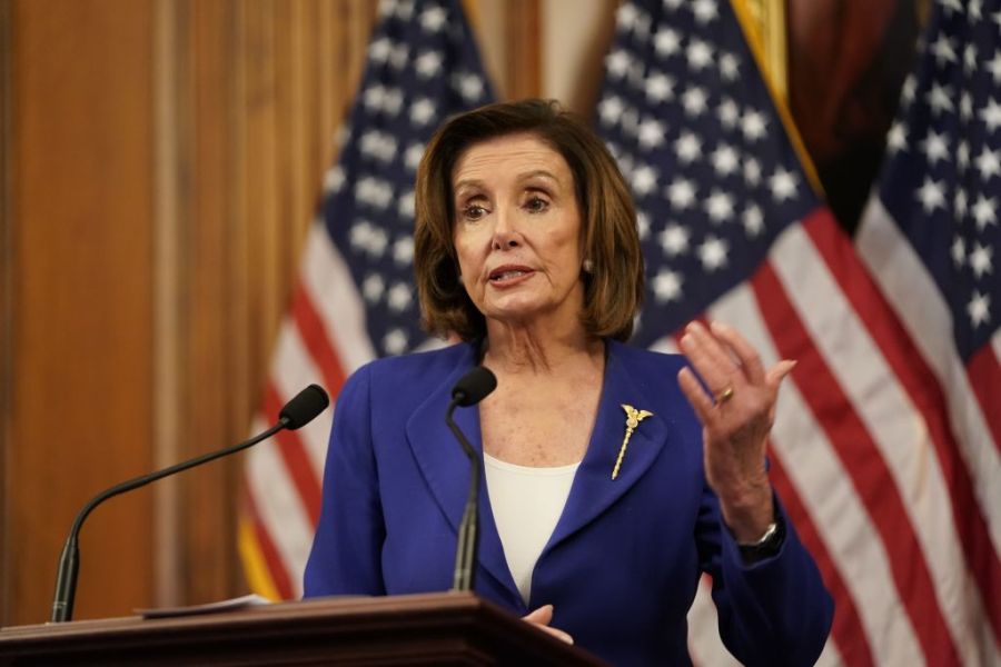 U.S. Speaker of the House Nancy Pelosi speaks to the press after the House passed a $2 trillion stimulus bill, on March 27, 2020, at the U.S. Capitol in Washington, D.C. (ALEX EDELMAN/AFP via Getty Images)