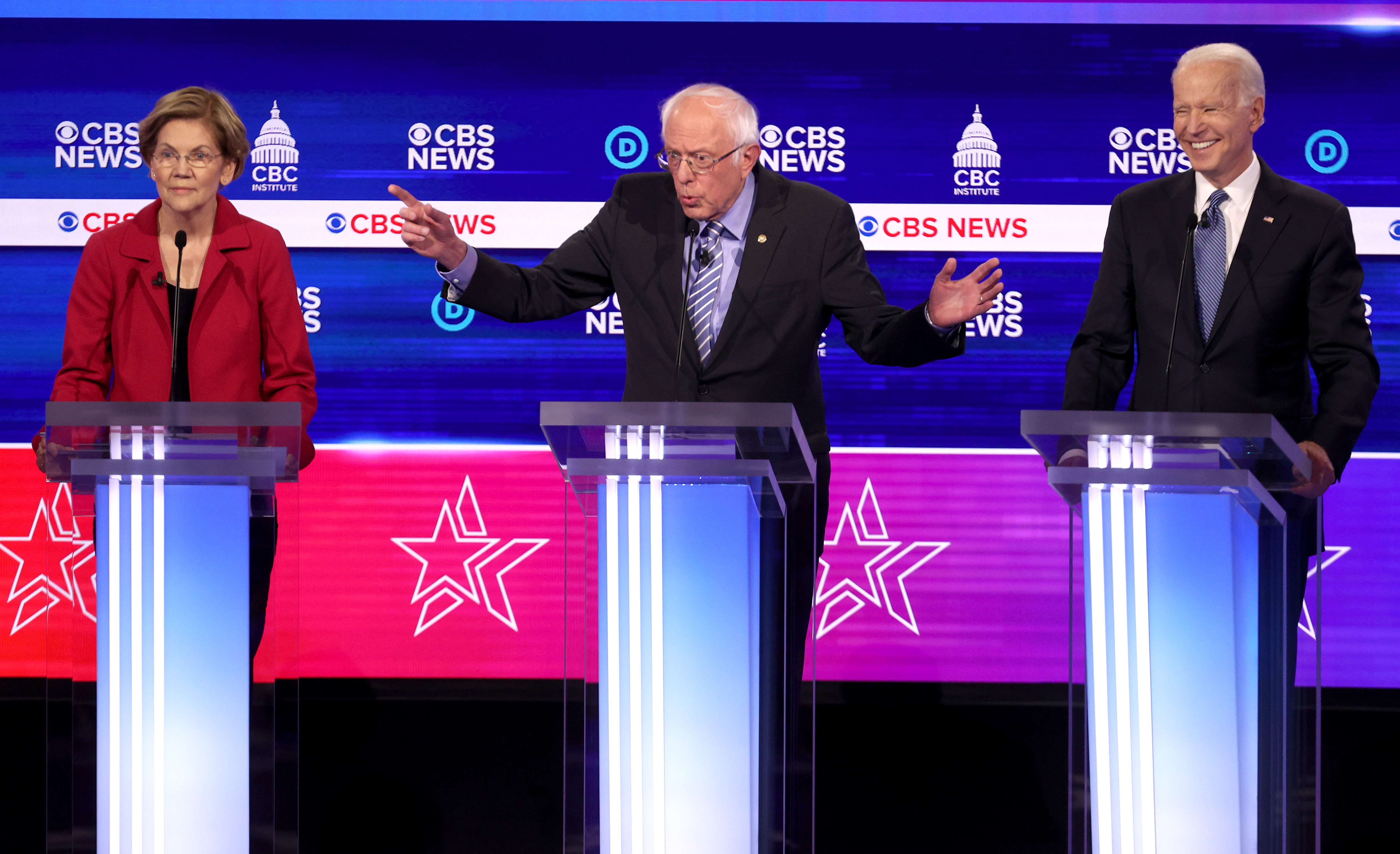 Democratic presidential candidates (L-R) Sen. Elizabeth Warren (D-MA), Sen. Bernie Sanders (I-VT) and former Vice President Joe Biden participate the Democratic presidential primary debate on Feb. 25, 2020 in Charleston, South Carolina. (Win McNamee/Getty Images)