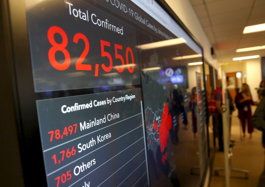 A video monitor inside the Medical Health and Coordination Center at the California Department of Public Health shows the number of Coronavirus COVID-19 cases around the world on Feb. 27, 2020, in Sacramento. ( Justin Sullivan/Getty Images)