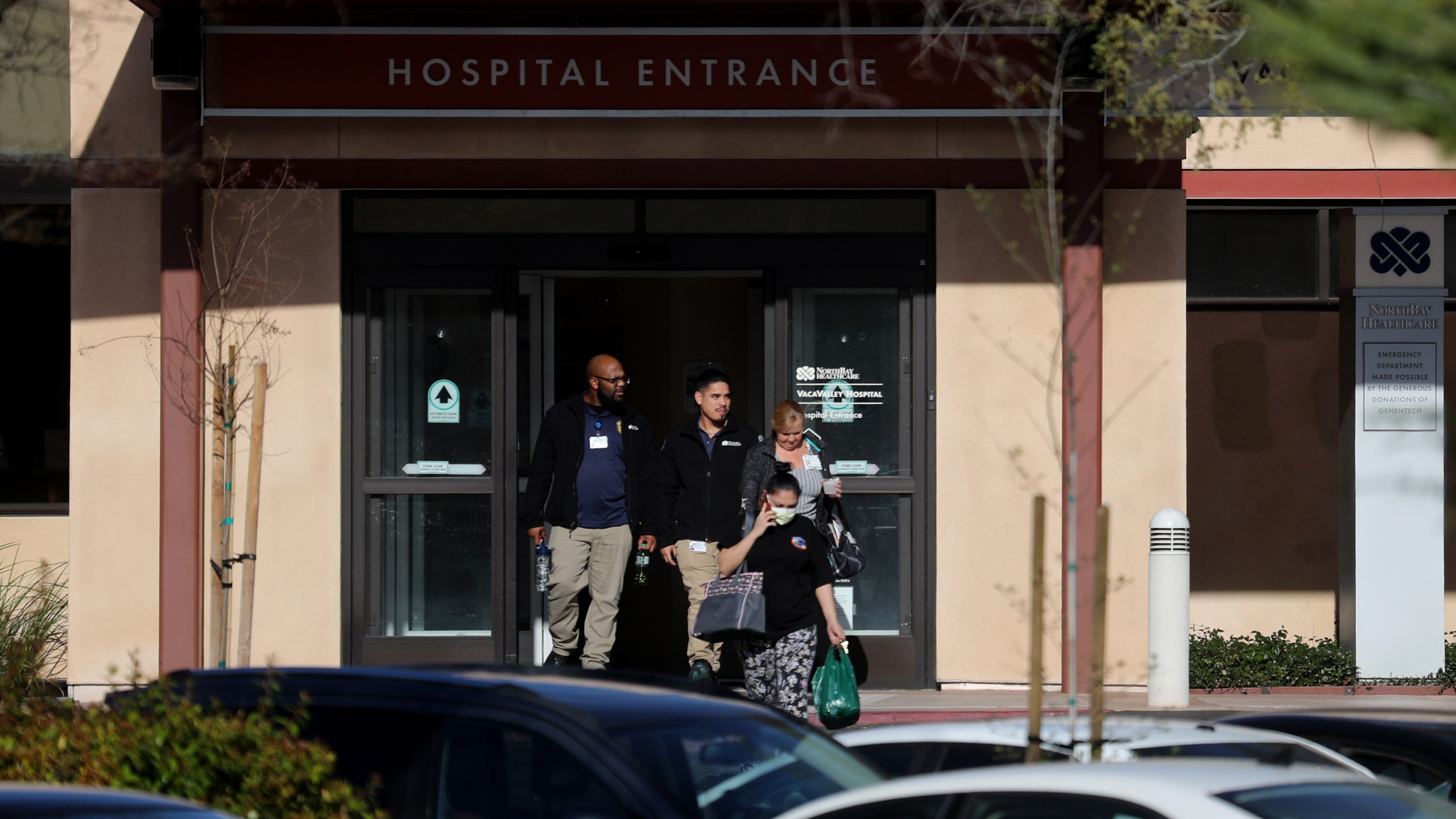 People leave the VacaValley Hospital on Feb. 27, 2020 in Vacaville, California. (Credit: Justin Sullivan/Getty Images)