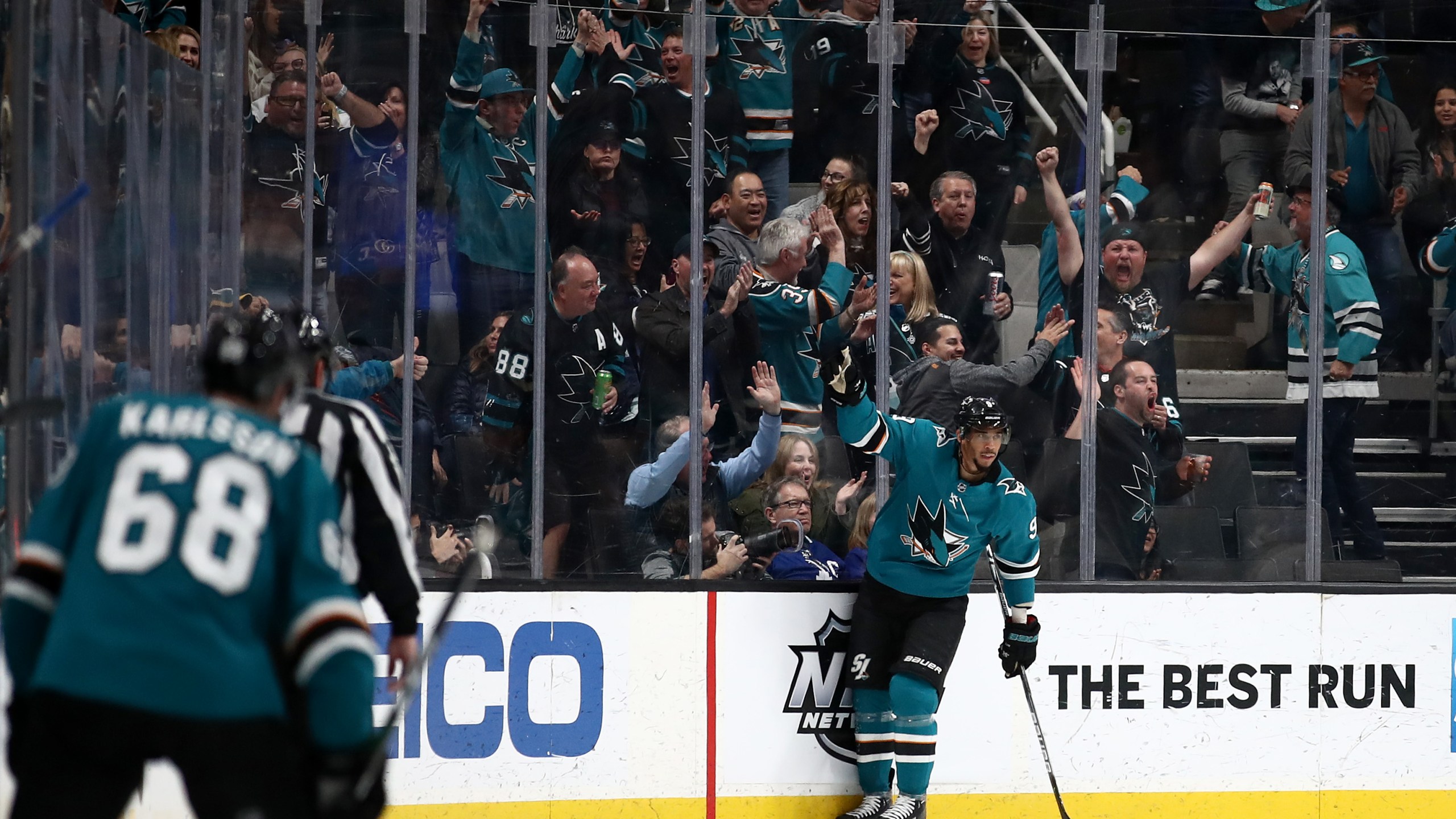 Evander Kane of the San Jose Sharks celebrates after scorinh a goal against the Toronto Maple Leafs in San Jose on March 3, 2020. (Credit: Ezra Shaw / Getty Images)