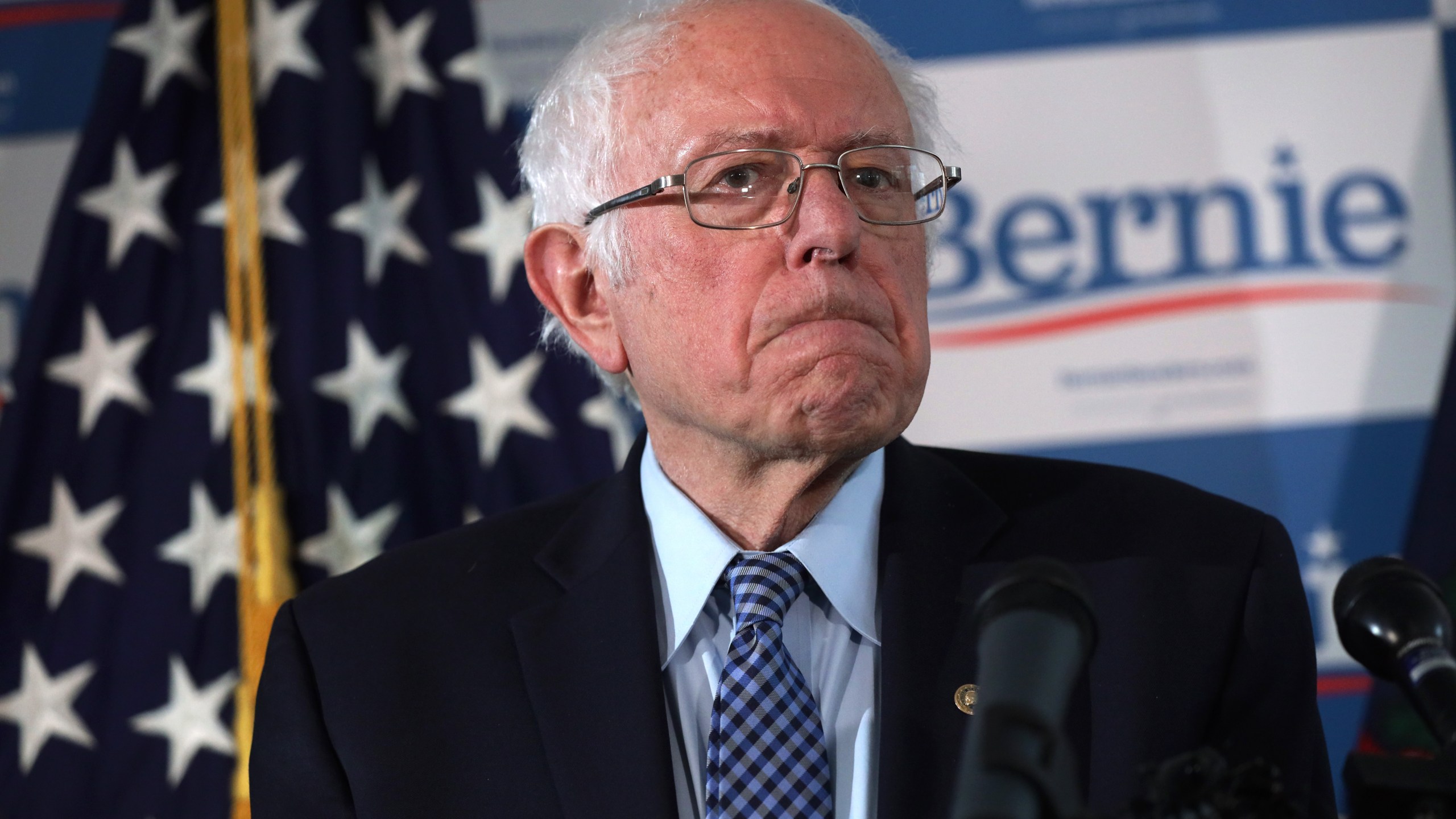 Democratic presidential candidate Sen. Bernie Sanders pauses during a news briefing at his campaign office in Burlington, Vermont, on March 4, 2020. (Credit: Alex Wong / Getty Images)