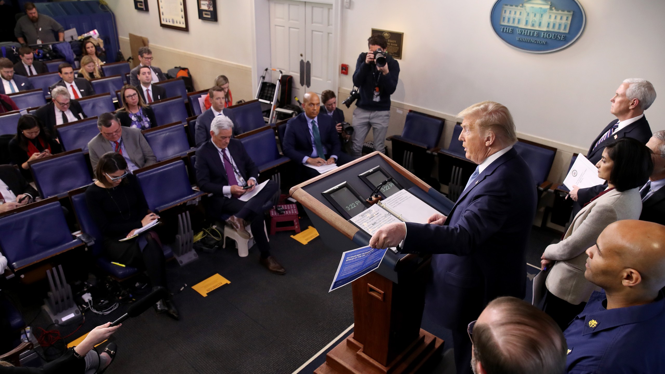 U.S. President Donald Trump, joined by members of the Coronavirus Task Force, speaks about the coronavirus in the press briefing room at the White House on March 16, 2020. (Win McNamee/Getty Images)