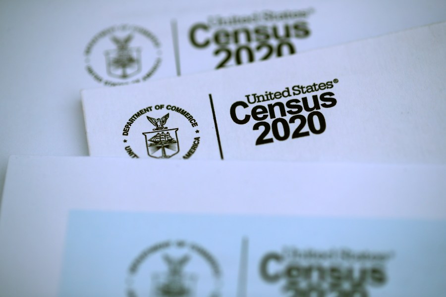 The U.S. Census logo appears on census materials received in the mail with an invitation to fill out census information online on March 19, 2020, in San Anselmo, California. (Justin Sullivan/Getty Images)