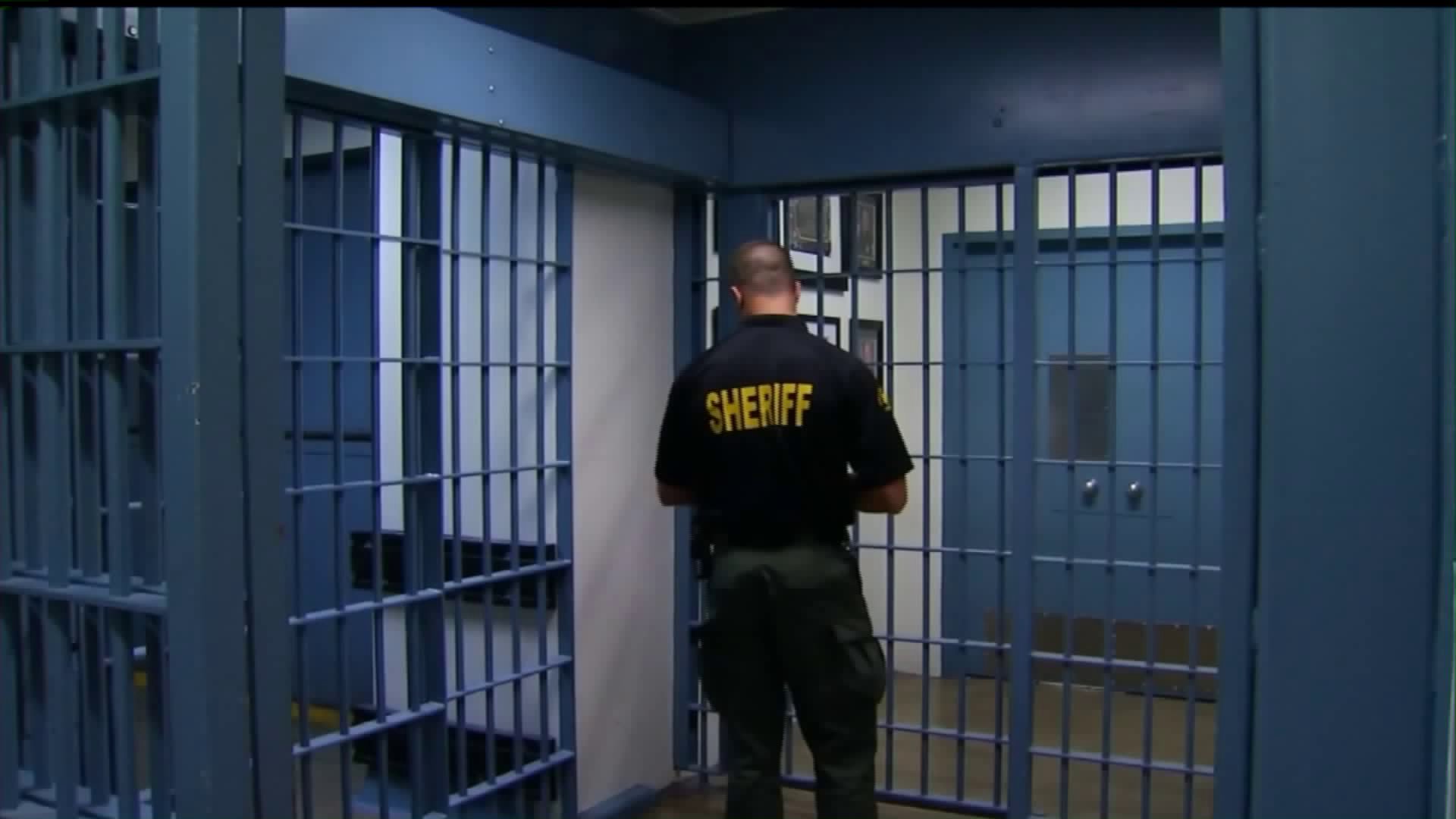 A deputy works inside the Central Men's Jail in Santa Ana on March 26, 2020. (KTLA)