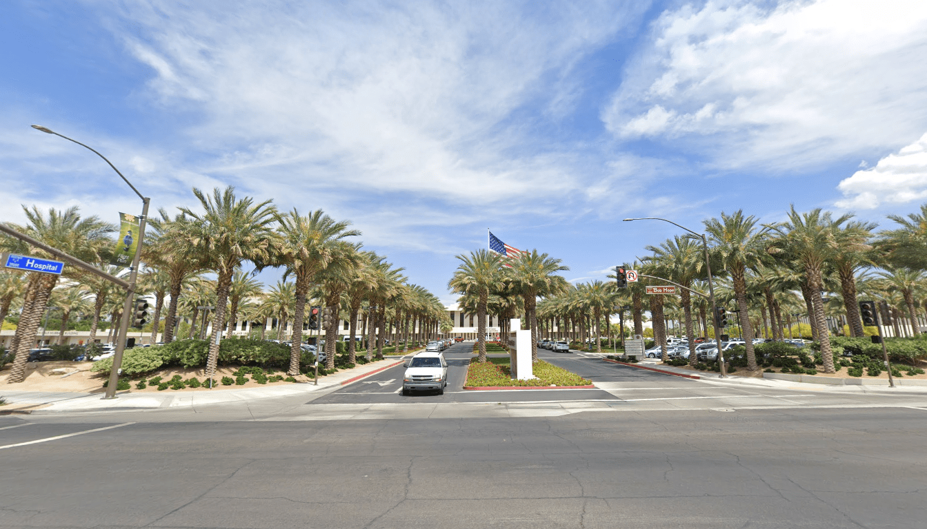 A Google Maps image shows a street outside the Eisenhower Medical Center in Rancho Mirage.