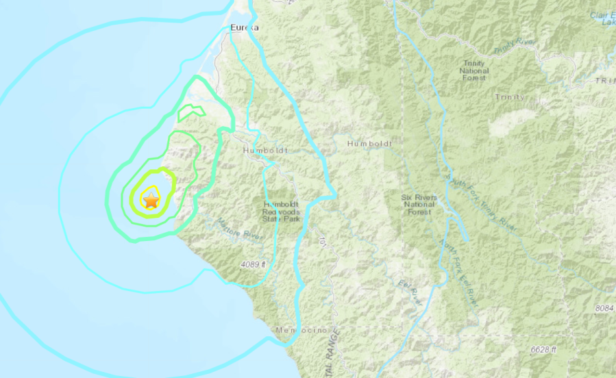 This map showing a 5.2 magnitude earthquake off the coast of Northern California on March 18, 2020, was provided by the U.S. Geological Survey.