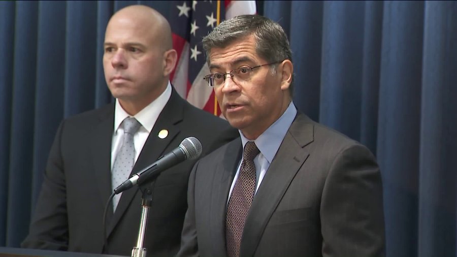 California Attorney General Xavier Becerra speaks during a news conference on March 5, 2020. (KTLA)