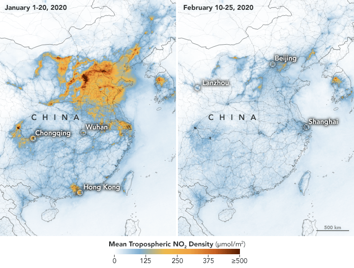 Graphics released by NASA show significant decreases in nitrogen dioxide over China.