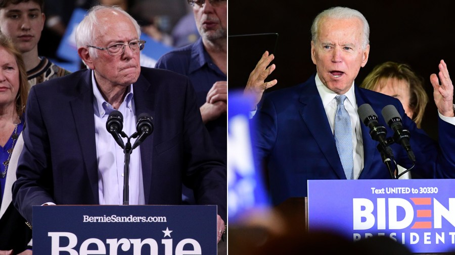 Democratic presidential candidate Sen. Bernie Sanders, left, addresses supporters at his Super Tuesday night event in Essex Junction, Vermont, on March 3, 2020. At right, former Vice President Joe Biden addresses a Super Tuesday event in Los Angeles on March 3, 2020. (Alex Wong /Frederic J. Brown / Getty Images)